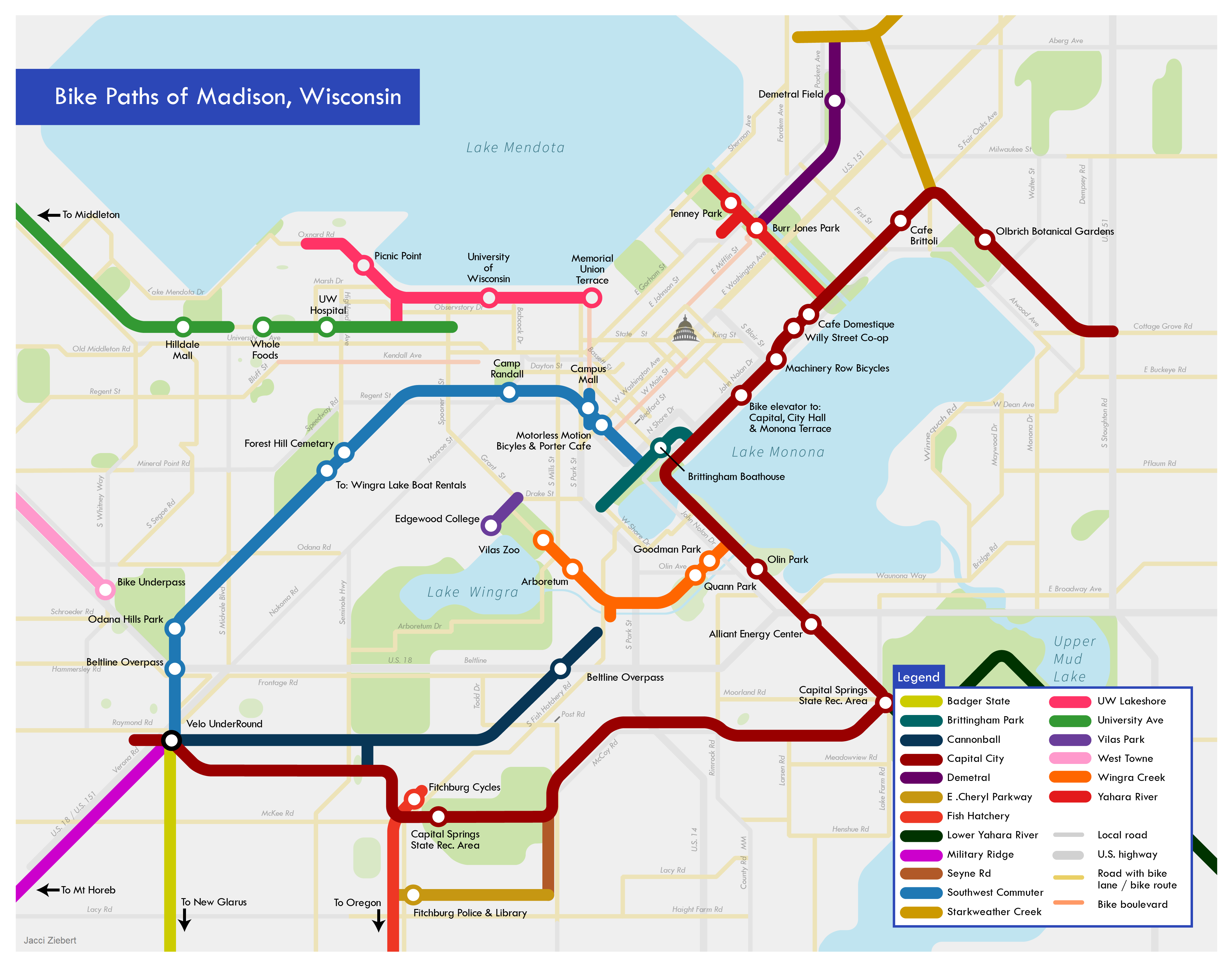 Subway style bike path map of madison, WI.